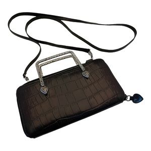 Brighton Black Leather Faux Croc-Embossed Wallet Purse w/Silver Braided Handles